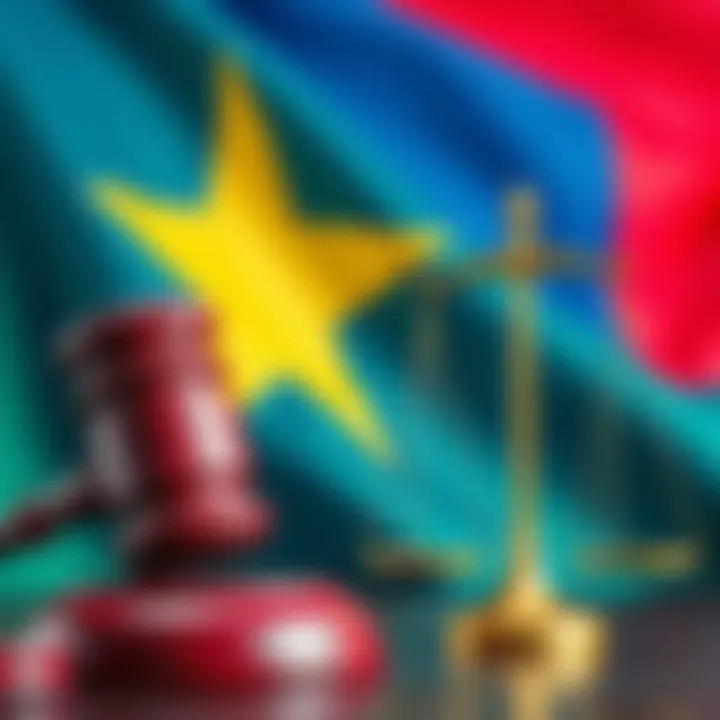 The Myanmar flag alongside a gavel and scales of justice to represent legal actions against scammers