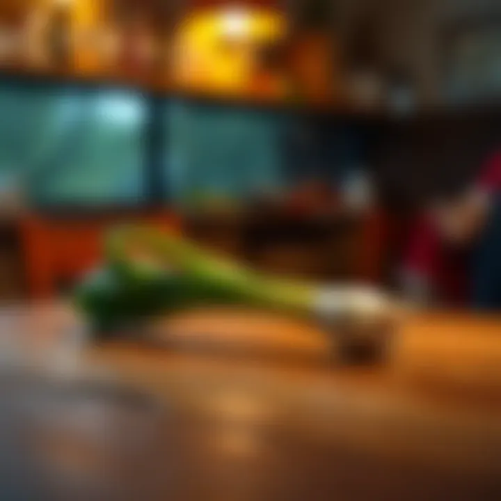 A single leek sitting on a wooden table with a light shine, emphasizing its unusual presence.