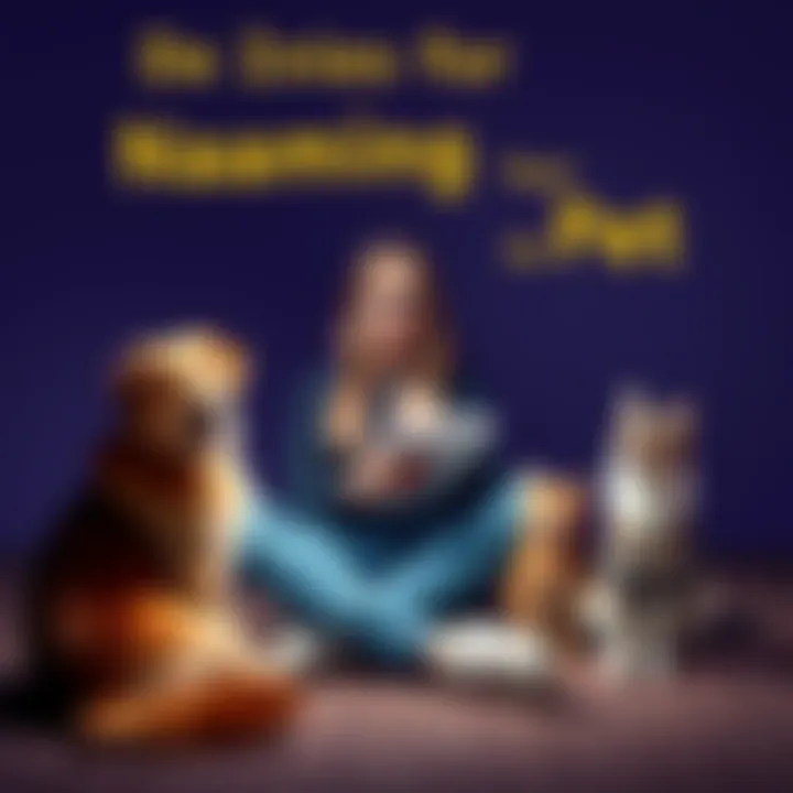 A person is sitting on the floor surrounded by a dog and a cat while brainstorming names for their new pets using a notepad.