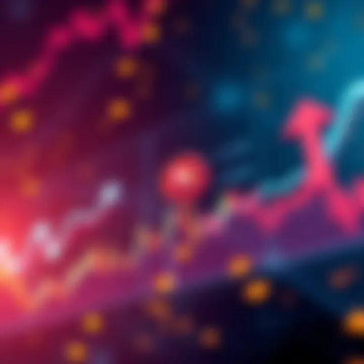 A chart showing fluctuating cryptocurrency prices with a focus on Nano, surrounded by symbols of concern and hope such as downward arrows and upward trends.
