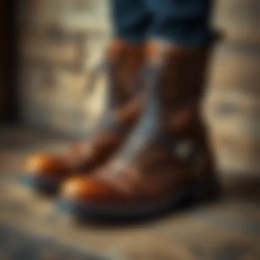 A pair of stylish NBD Old World Harness boots with beeswax edges and black thread uppers on a wooden surface