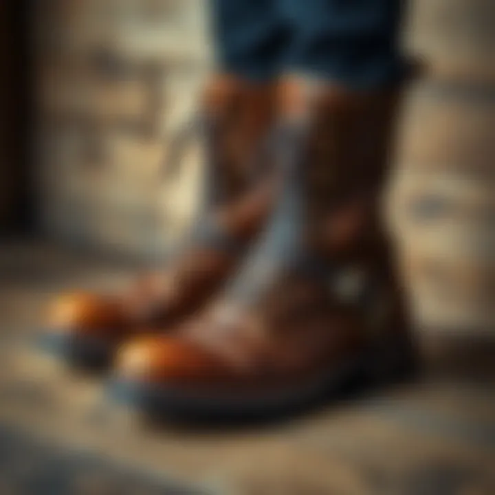 A pair of stylish NBD Old World Harness boots with beeswax edges and black thread uppers on a wooden surface