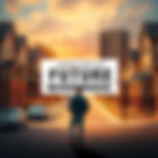 A person stands in front of a neighborhood with a large sign that says 'Future Development'