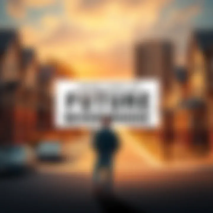 A person stands in front of a neighborhood with a large sign that says 'Future Development'