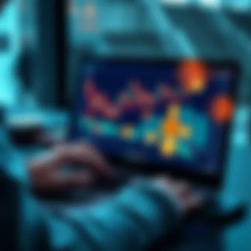 A person analyzing cryptocurrency trends on a laptop with charts and digital coin icons on the screen.