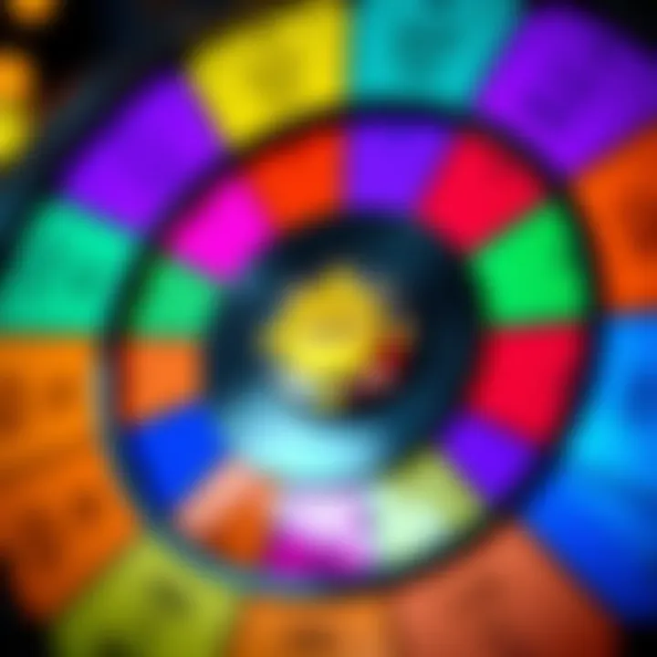 A close-up of a spinning wheel with colorful sections, showcasing a token symbol in the center, indicating the winning of a bid token for a landmark.