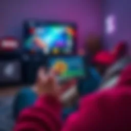 A person holding a smartphone displaying Bitcoin price charts while sitting on a couch with streaming service logos visible on a TV screen.