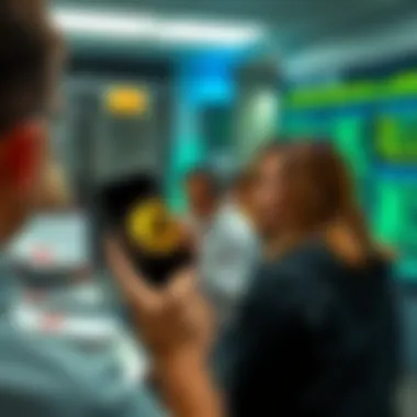 A person holding a smartphone displaying a Bitcoin logo, looking excited while discussing with others in a user board.