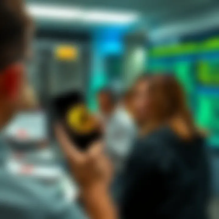 New Bitcoin Owner Seeking Tips A person holding a smartphone displaying a Bitcoin logo, looking excited while discussing with others in a user board.