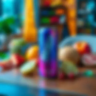 A new energy drink can with vibrant design placed on a wooden table surrounded by fresh fruits and energy-boosting ingredients.