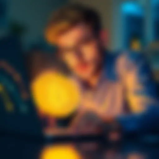 A new investor looking at their Bitcoin investment on a laptop with a concerned expression, reflecting on their financial decision.