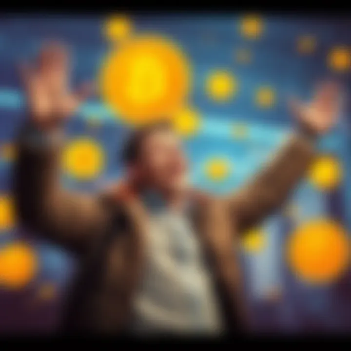 New Investor Celebrating Bitcoin Milestone A joyful person celebrates reaching the 0.1 Bitcoin milestone, surrounded by Bitcoin logos and graphics indicating market trends.