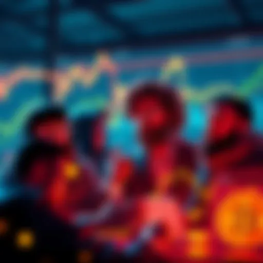 A group of new investors discussing cryptocurrency, showcasing confusion and excitement, with graphs in the background representing market trends.