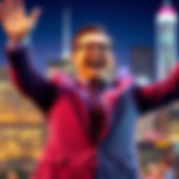 Newly elected mayor celebrating after a successful takeover, with a city skyline in the background