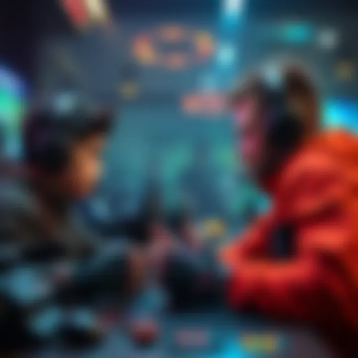 A new player and an experienced gamer face off in a competitive gaming environment, showcasing their different strategies and skills.