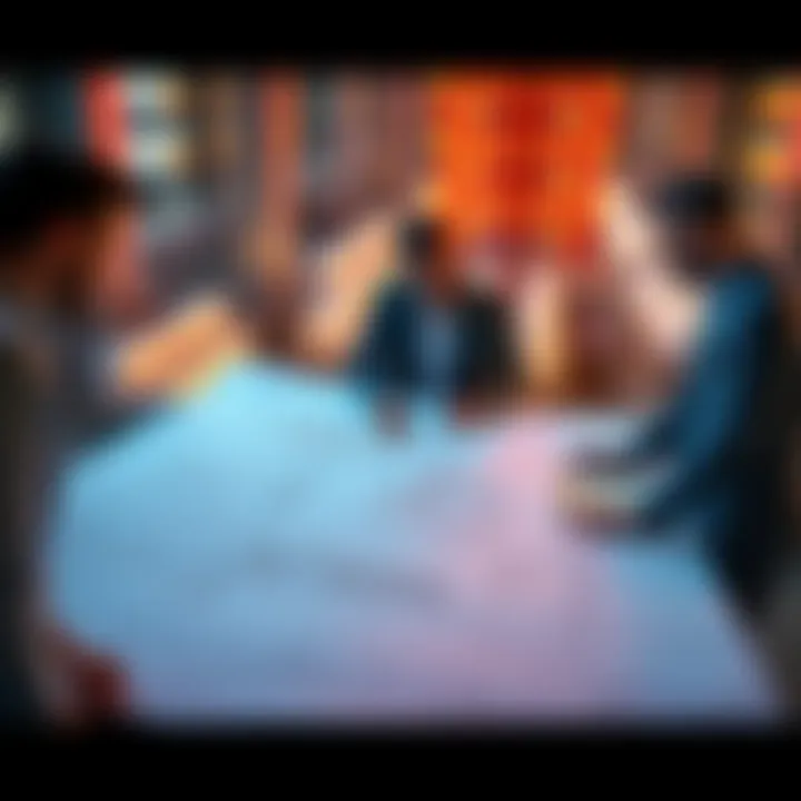 A team of professionals discussing plans for a new project on a large blueprint.