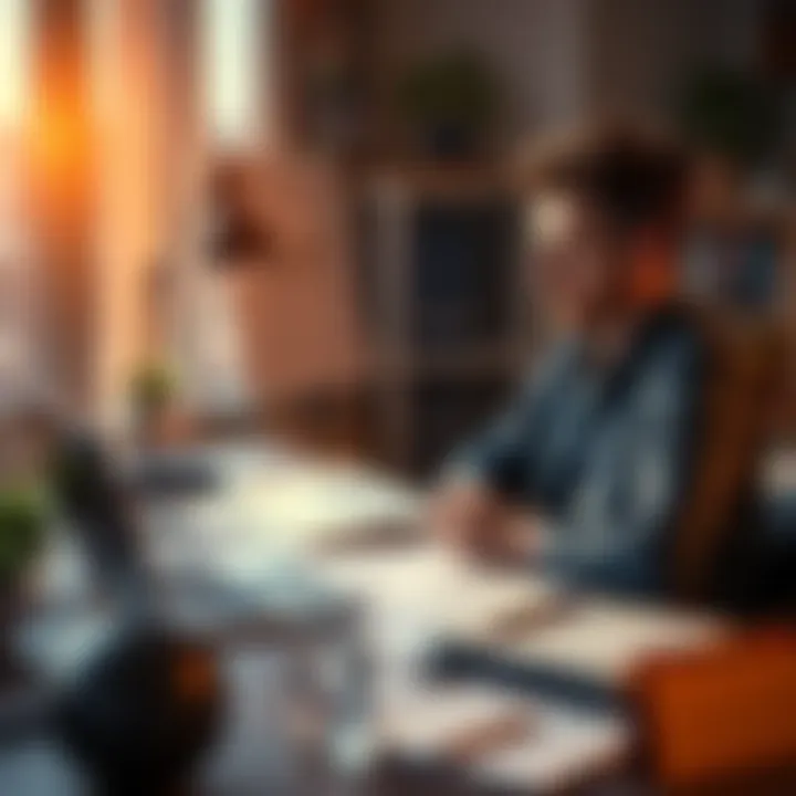 A new trader sitting at a desk, studying charts and financial books, with a laptop open, surrounded by notes about gradual investment strategies.