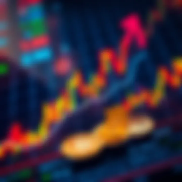 A close-up of a trading graph showing a significant upward trend, with crypto symbols around it