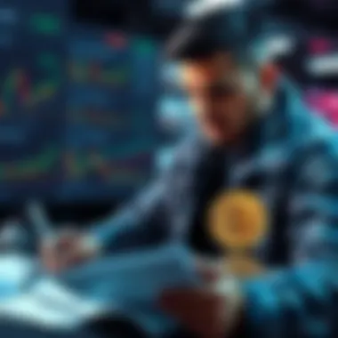 A person looking at Bitcoin charts and documents about taxes and transactions