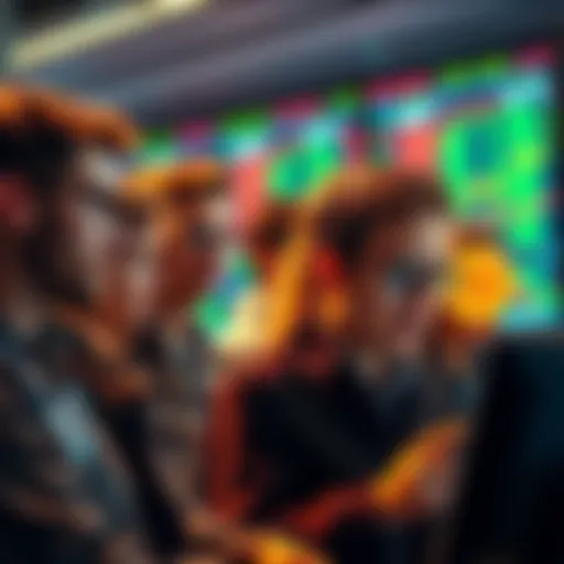 A group of young traders looking at fluctuating Bitcoin prices on screens, showing signs of excitement and uncertainty.