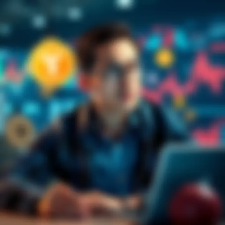 A novice cryptocurrency investor looking for expert advice on fast growth strategies with charts and digital currency symbols around them.