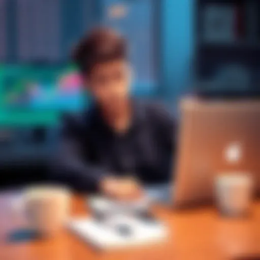 A young person sitting at a desk, looking frustrated and anxious while staring at a laptop showing cryptocurrency prices. Empty coffee cups and a notepad are scattered around them, symbolizing stress ...