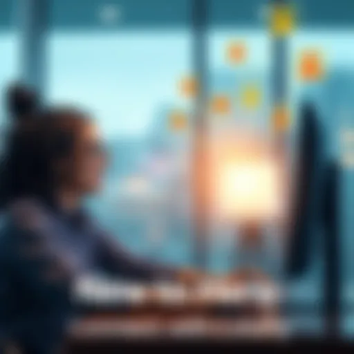 Newcomer Connecting with Community A person sitting at a computer, smiling and engaging with an online chat, surrounded by welcoming virtual icons symbolizing connection.