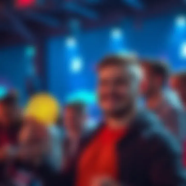 A person smiling while holding a Bitcoin symbol, surrounded by fellow enthusiasts sharing their experiences.