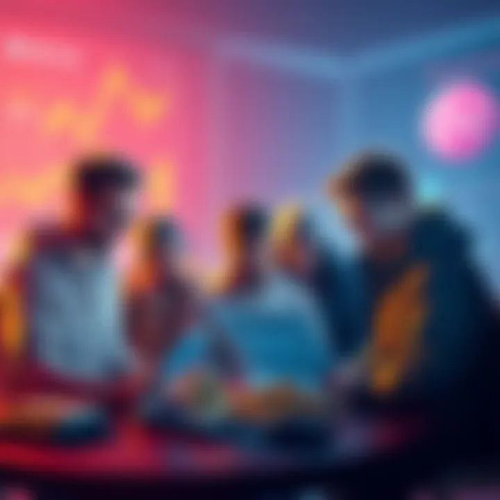 A group of people looking at cryptocurrency charts and discussing wallets and DeFi concepts, with coins and tech gadgets around them.