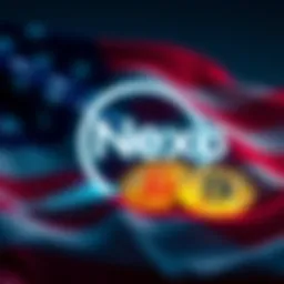 Nexo logo with cryptocurrency symbols and a US flag backdrop, representing the relaunch of crypto services in the US.