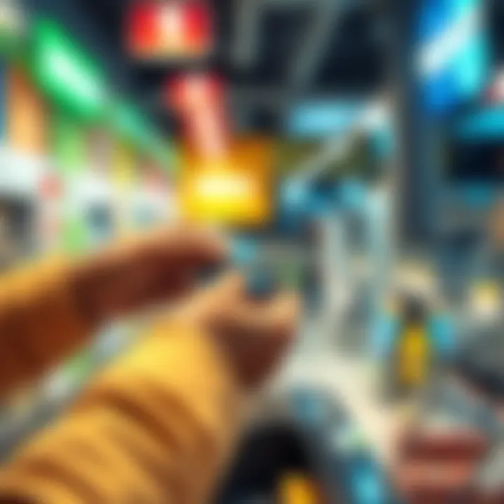 A person using a Nexo virtual card to make a contactless payment at a store checkout, showcasing the NFC technology in action.