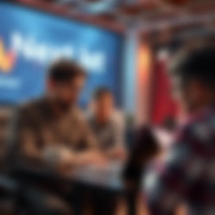 A developer showcasing a new NextJs CMS on a laptop with Vercel branding in the background. People engage in discussion about its features.