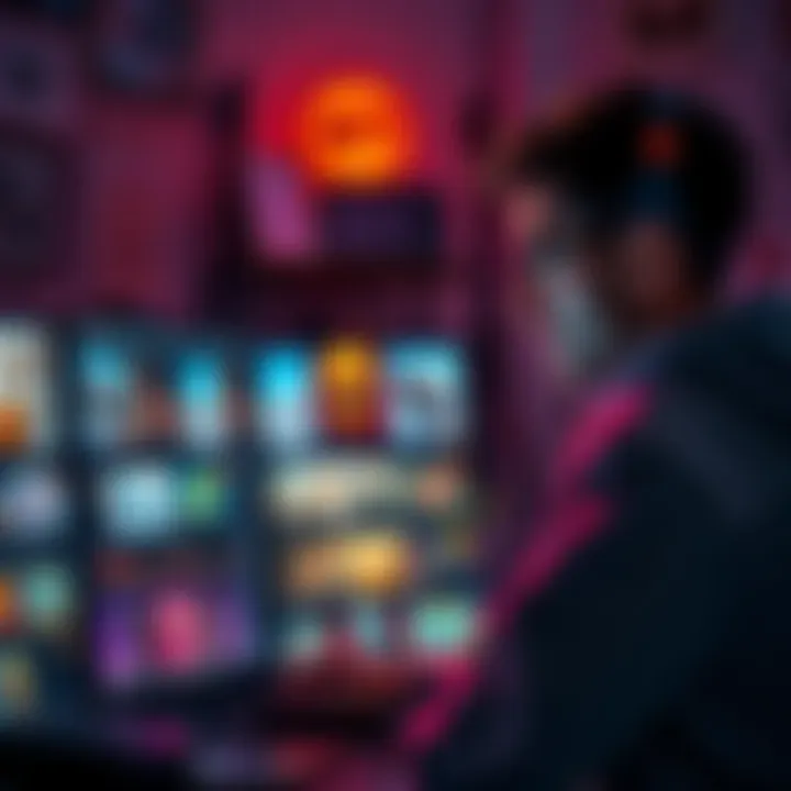 A digital artist looking at various NFT artworks on a computer screen, assessing offers and potential scams in the art market.