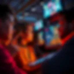 A close-up of diverse people looking at digital NFT art on screens, showing excitement and interest, while some screens show declining transaction numbers, illustrating the contrast in buyer enthusiasm and transaction volume.