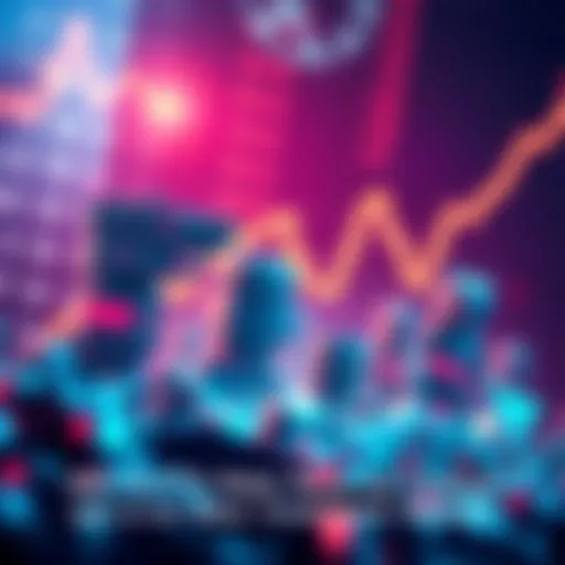 Illustration of digital art pieces representing NFTs, with a stock market graph in the background showing an upward trend.