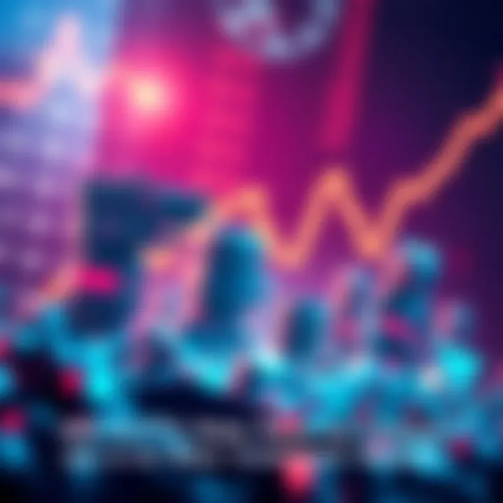 Illustration of digital art pieces representing NFTs, with a stock market graph in the background showing an upward trend.