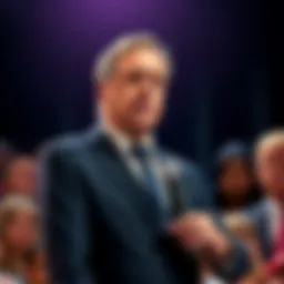 Nigel Farage announcing his resignation with a serious expression, standing in front of a crowd, holding a microphone.