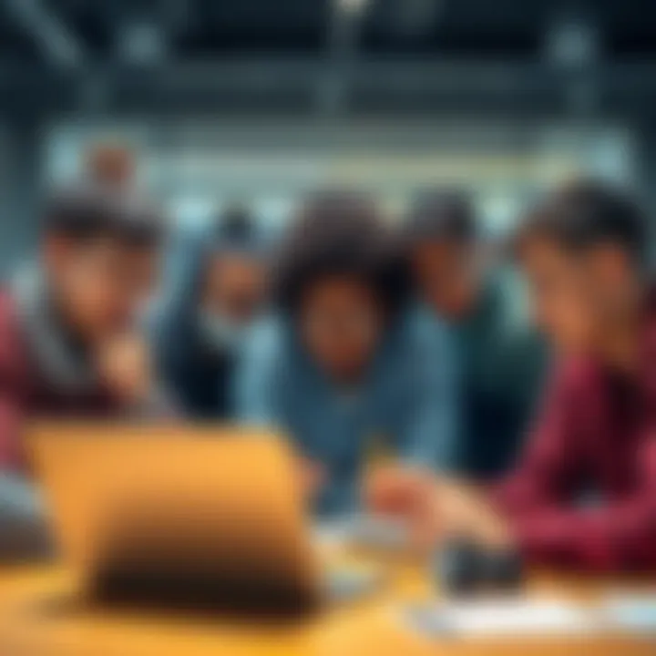 A group of diverse people is collaboratively testing a no-code AI tool on a laptop, focusing on Solidity smart contract creation.