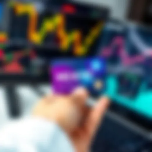 A close-up view of a no KYC crypto card held in someone's hand, with a blurred background of a computer and charts.