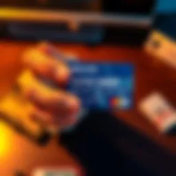 A person holding a no KYC crypto debit card, showcasing its features and low fees, with a wallet and some cash in the background.