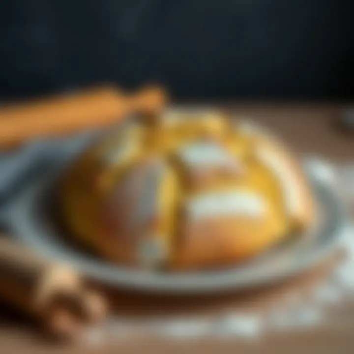 Freshly baked no-oven bread displayed on a plate with a rolling pin and flour nearby