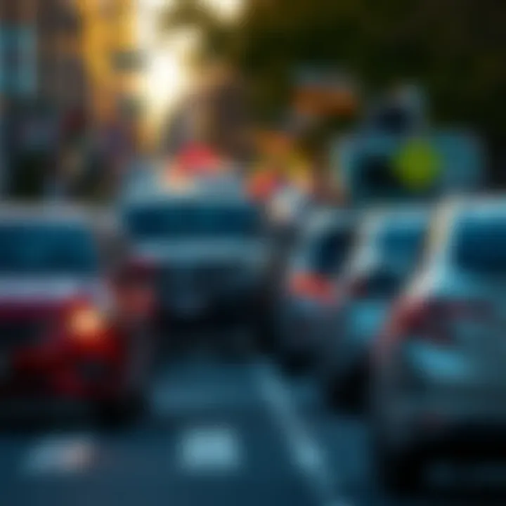 Several cars illegally parked in a no-parking zone on a busy street in Cascades area, causing visibility issues.