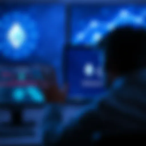 A person looking at a computer screen showing a wallet balance of 0, with graphics of Ethereum and Polygon networks in the background.