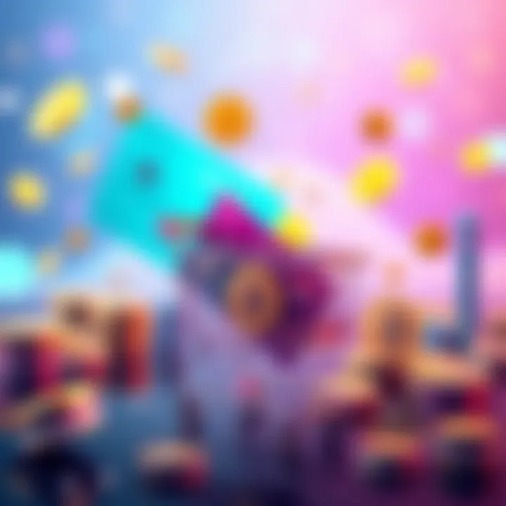 Illustration of various non-KYC crypto cards with a shopping cart and digital currencies around them