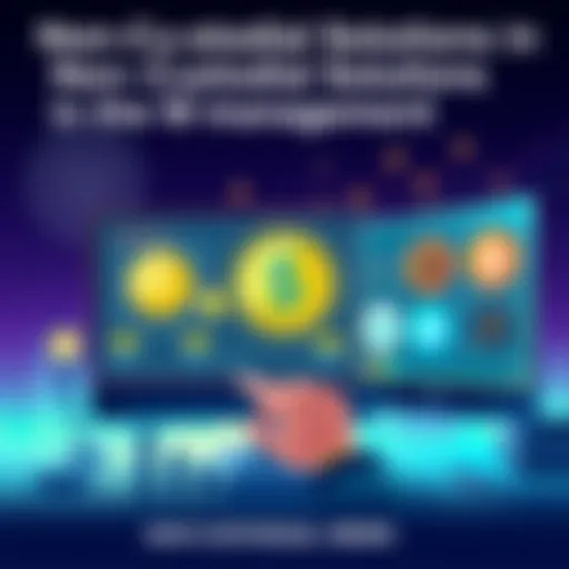 An illustration showing a person managing digital assets on a computer with different exchange logos, symbolizing non-custodial solutions.