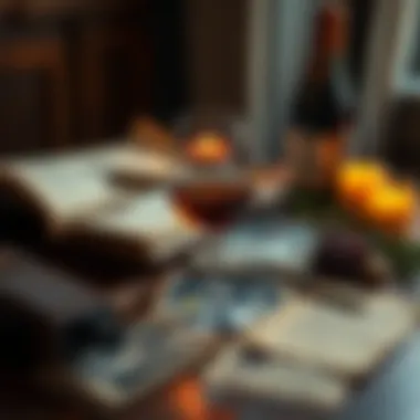 A glass of fine wine sits on a table, surrounded by old photographs and letters, representing cherished memories.