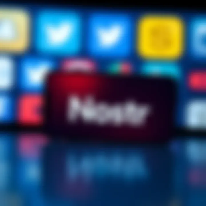 A smartphone displaying the Nostr social media logo with a blurred background of social media icons, symbolizing its potential against major platforms.