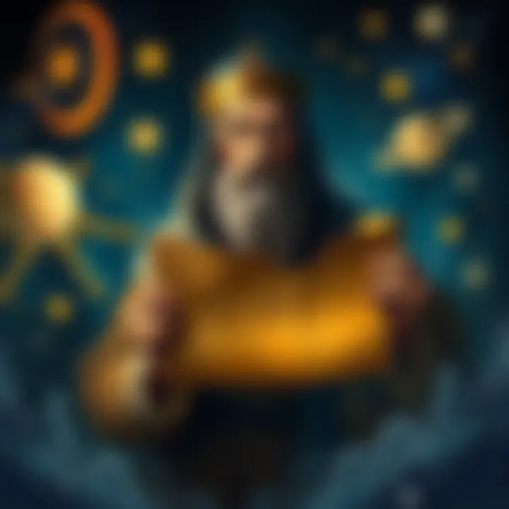 A painting of Nostradamus holding an ancient scroll, surrounded by symbols of prophecy like stars and planets.