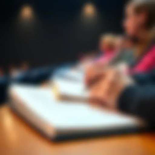 A student writing notes in a notebook during a lecture, focusing on effective note-taking techniques.