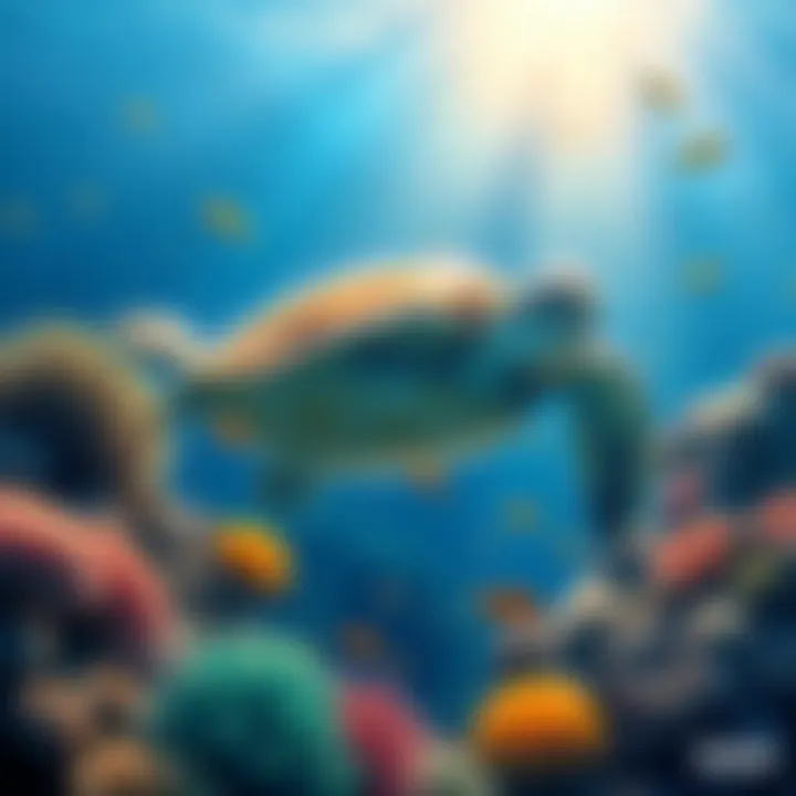 An illustration showing a sea turtle swimming among coral reefs, symbolizing the mission of Ocean Save to protect marine life and promote eco-friendly cryptocurrency.